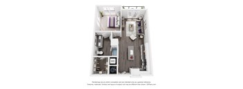 A 3D floor plan of a small apartment with a bedroom, bathroom, and kitchen.