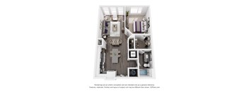 A 3D floor plan of a small apartment with a kitchen, living room, and bathroom.