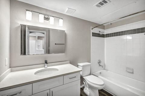 a bathroom with a sink toilet and bathtub