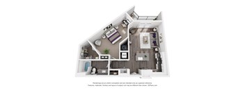 A 3D floor plan of a house with a kitchen, living room, and bedrooms.