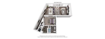A 3D floor plan of a small apartment with a kitchen, living room, and bathroom.