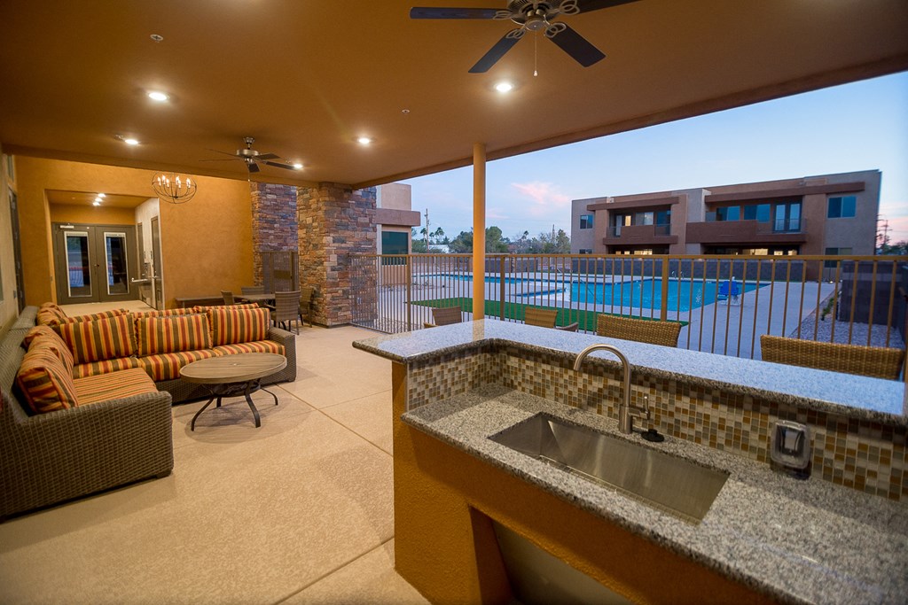 Outdoor lounge with wetbar & seating at Pima Canyon, Tucson, Arizona