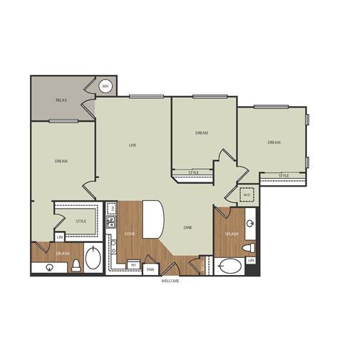 a floor plan of a three bedroom apartment at Estate at Woodmen Ridge, Colorado, 80923