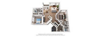 A 3D floor plan of a two bedroom apartment
