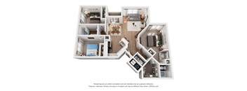 A 3D floor plan of an apartment with three bedrooms