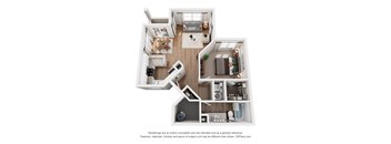 A 3D floor plan of a one bedroom apartment