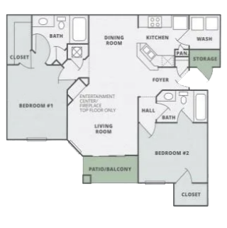 a floor plan of a two bedroom in Charlotte at Thornberry Apartments, North Carolina, 28262
