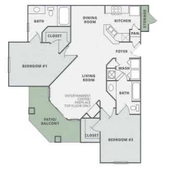 a floor plan of an apartment with two bedrooms and a patio at Thornberry Apartments, Charlotte, NC 28262