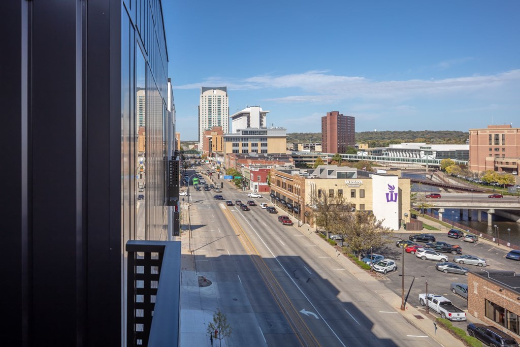 a view of the city from a window of a building at Maven on Broadway, Rochester, MN