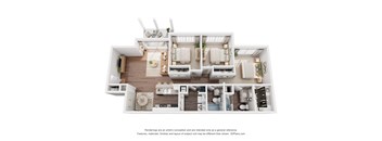 A 3D floor plan of a house with a kitchen, living room, and bathrooms.