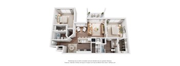 A 3D floor plan of a house with multiple rooms.