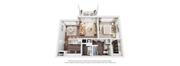 A 3D floor plan of a house with a kitchen, living room, and bathroom.