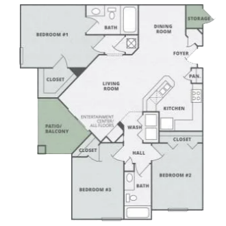 a floor plan of a 3 bedroom apartment in Charlotte at Thornberry Apartments, Charlotte, NC