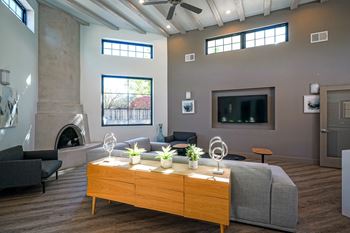Clubhouse with a couch and a coffee table and a fireplace at Vizcaya, New Mexico, 87505