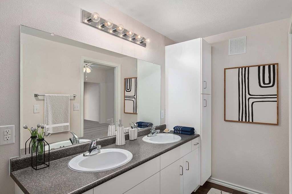 bathroom with white cabinets at The Lodge at Lakeline Village, Cedar Park, TX, 78613