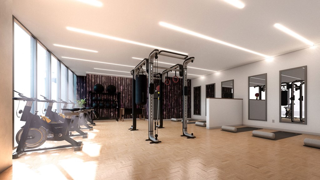 Fitness center with cycling studio at Element, Tampa, Florida