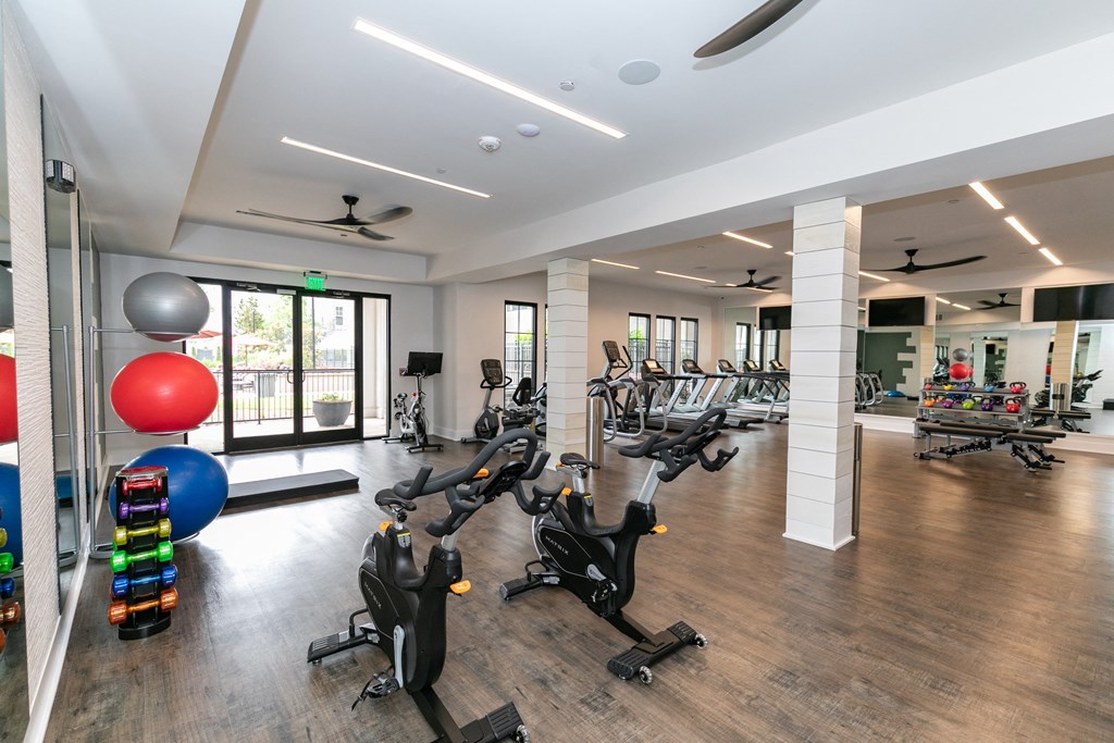 a spacious gym with cardio equipment and a variety of exercise balls at Emblem Alpharetta, Alpharetta, 30009