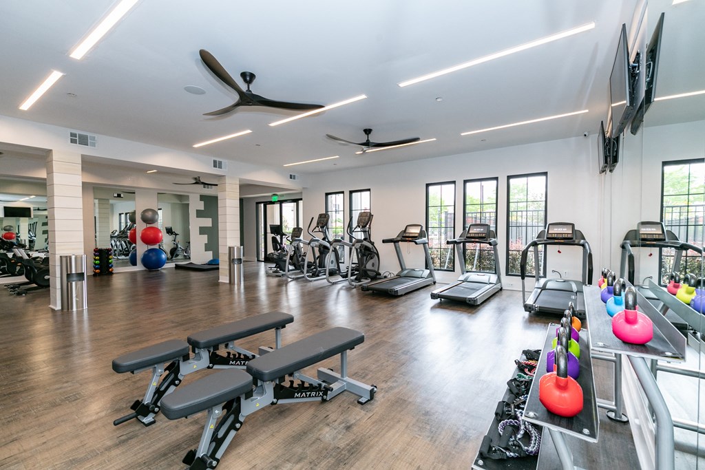 a gym with cardio equipment and weights at Emblem Alpharetta, Alpharetta, GA, 30009