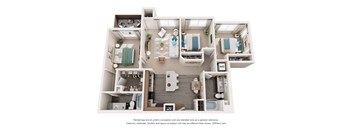 A 3D floor plan of a house with a kitchen, living room, and bathrooms.