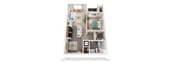 A 3D floor plan of a small apartment with a kitchen, living room, and bathroom.