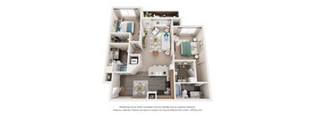 A 3D floor plan of a house layout.