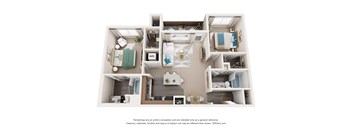 A 3D floor plan of a small apartment with a kitchen, living room, and bathroom.