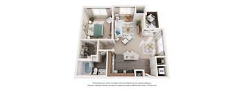 A 3D floor plan of a small apartment with a kitchen, living room, and bedroom.
