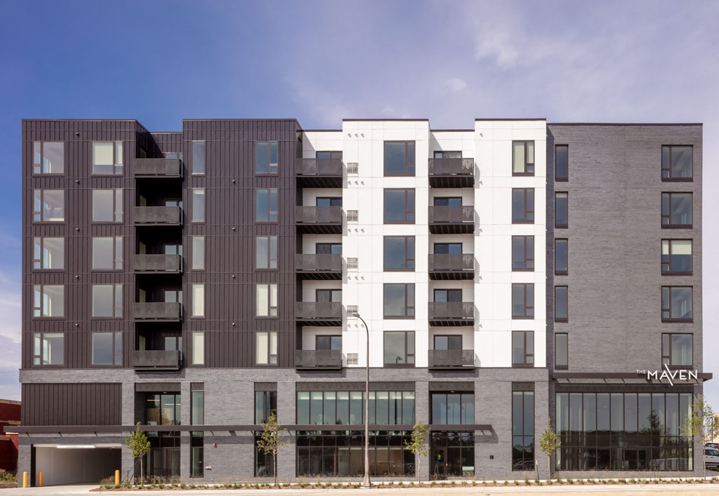 the apartment building exterior at Maven on Broadway, Rochester, MN, 55904