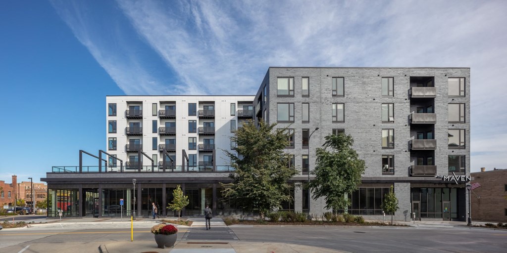 the exterior of the apartment building at Maven on Broadway, Rochester, MN, 55904