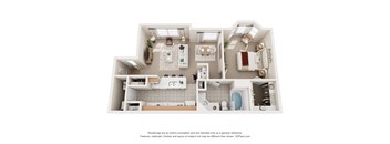 A 3D floor plan of a 1 bedroom apartment with a kitchen, living room, dining room, and bathroom.