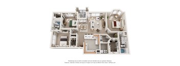 A 3D floor plan of a 3 bedroom apartment with a kitchen, living room, and bathrooms.