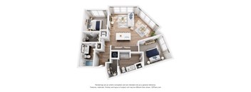 A 3D floor plan with a kitchen, living room, and two bedrooms.