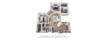 A 3D floor plan of an apartment with a kitchen, living room, and two bedrooms.