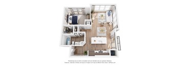 A 3D floor plan of a small apartment with a kitchen, living room, and bedroom.