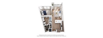 A 3D floor plan of a one bedroomapartment with a kitchen, living room, and bathroom.