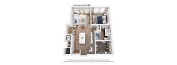 A 3D floor plan of a one bedroom apartment with a kitchen, living room, and bathroom.