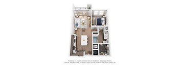 A 3D floor plan of a one bedroom apartment with a kitchen, living room, and bathroom.