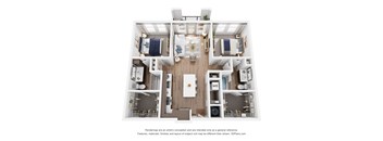 A 3D floor plan with a kitchen, living room, and two bedrooms.