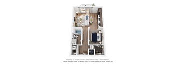 A 3D floor plan of a studio apartment with a kitchen, living room, and bathroom.