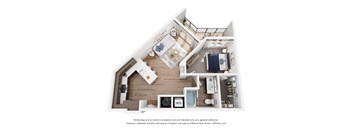 A 3D floor plan of a house with a kitchen, living room, and bathroom.