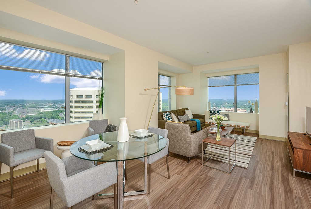 Living room with city views at Hartford 21, Connecticut