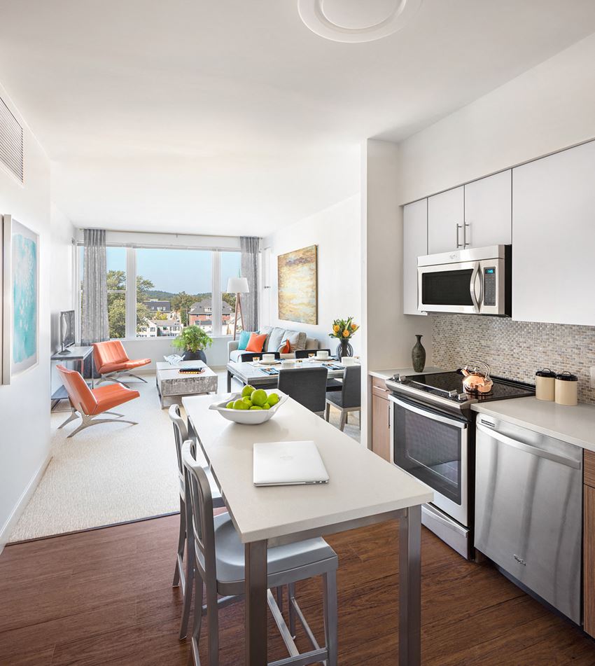 Kitchen with stainless steel appliances Kitchen with stainless steel appliances| The Merc at Moody and Main
