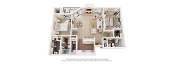 A 3D floor plan of a house with labeled rooms.