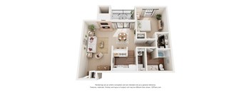 A 3D floor plan of a small apartment with a kitchen, living room, and bathroom.
