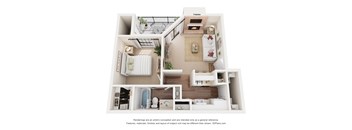 A 3D floor plan of a small apartment with a kitchen, living room, and bathroom.