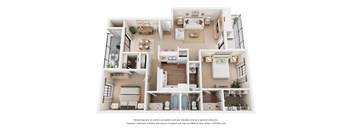 A 3D floor plan of a house with a kitchen, living room, dining room, and bathrooms.