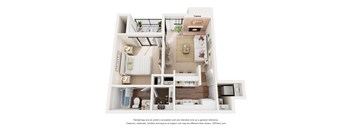 A 3D floor plan of a house with a living room, kitchen, and bathroom.