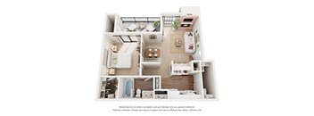 A 3D floor plan of a small apartment with a kitchen, living room, and bathroom.