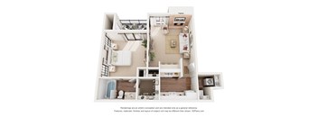 A 3D floor plan of a house with a kitchen, living room, and bathroom.