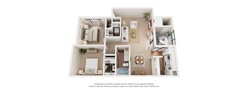 A 3D floor plan of a house with multiple rooms and furniture.